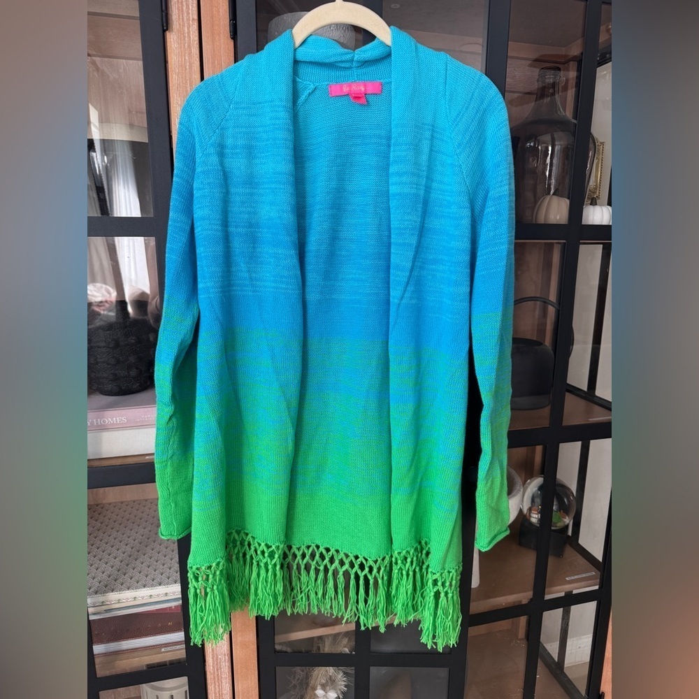 Lilly Pulitzer Cardigan open knit Tatum Ombre Gecko Green Marled tassels sweater